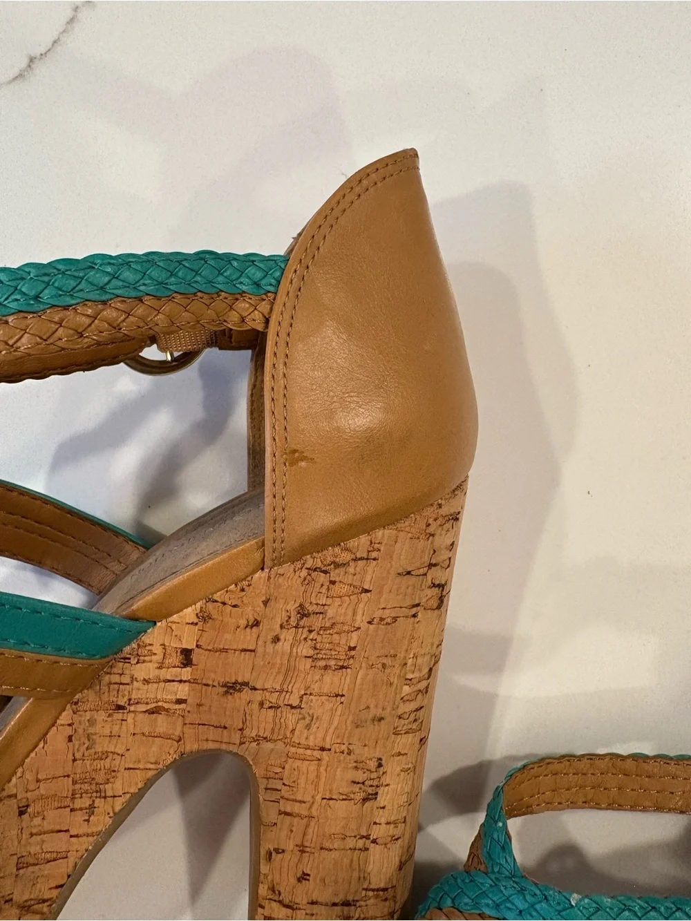 Y2K BCBGeneration Cork Chunky Strappy Platform Heels Turquoise Blue Tan Sandals